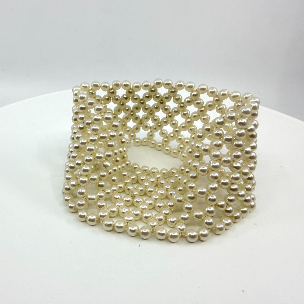 Vintage Pearl Lattice Stretch Bracelet Multi-Strand Cuff